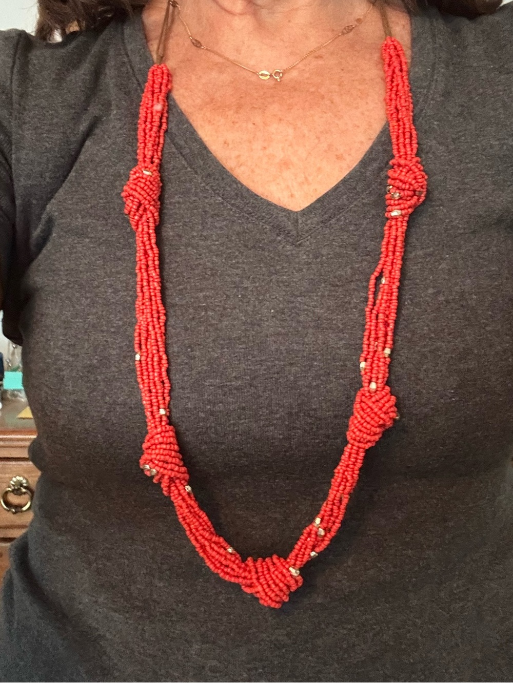 Orange Silver Bead Multi-Strand Necklace 34" plus 3" extender